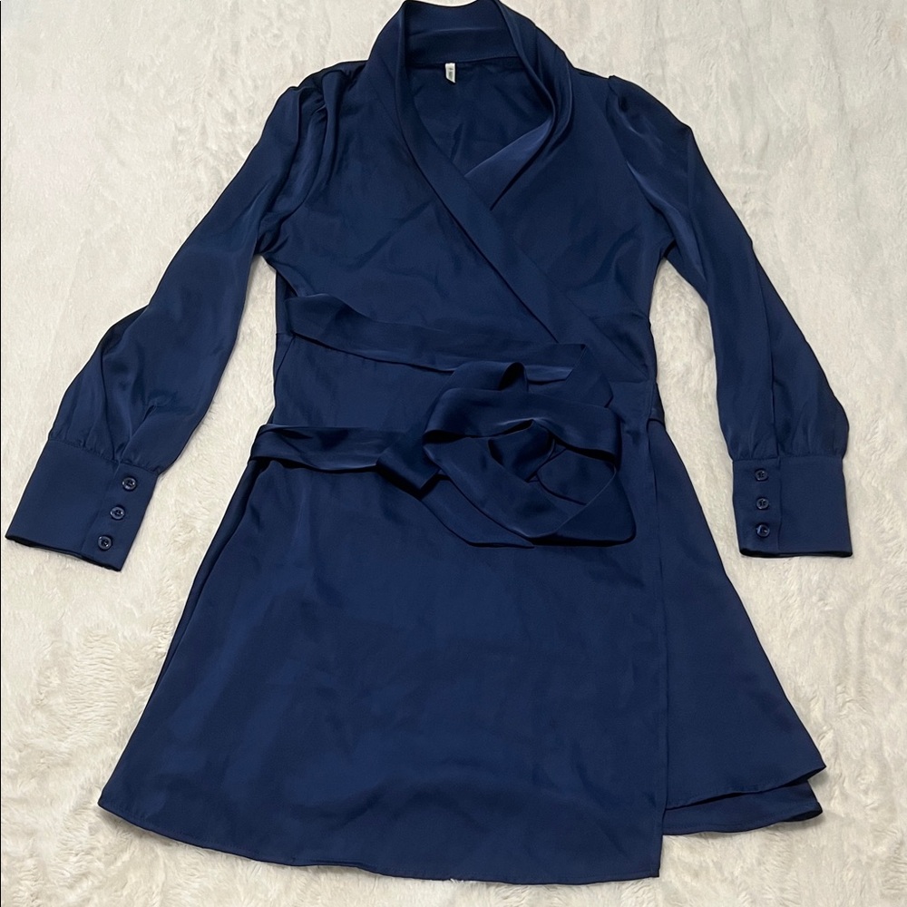 HALARA Navy Wrap Long Sleeve Dress with Self-Tie Waist
